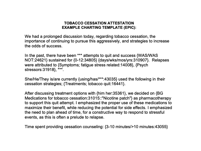 Tobacco Counseling Attestation Example (for EPIC systems)