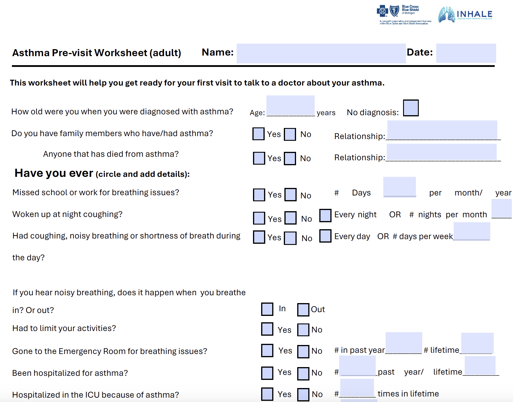 Asthma Pre-Visit Worksheet - Adult Patient