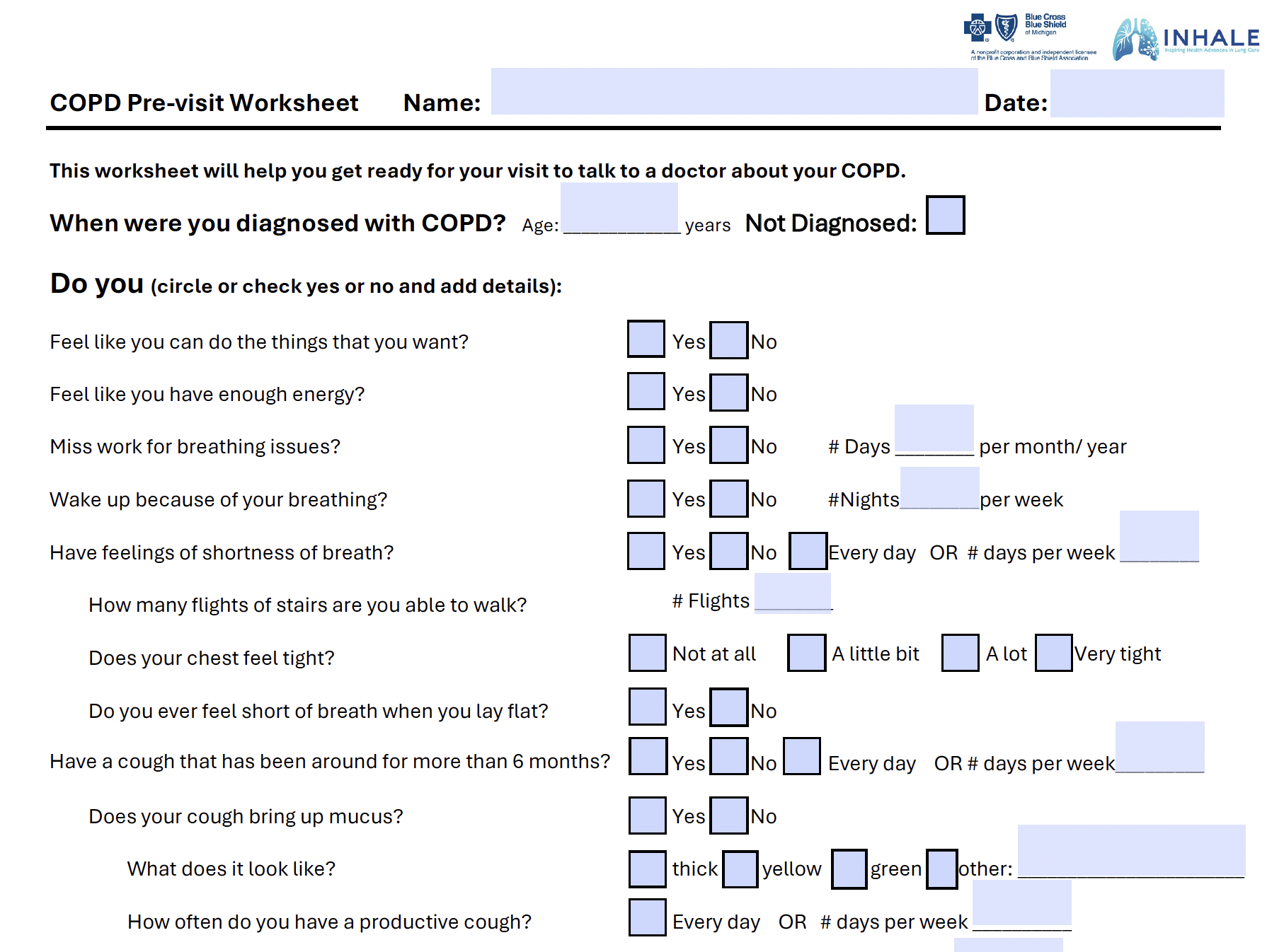 COPD Pre-visit Worksheet - Adult Patient