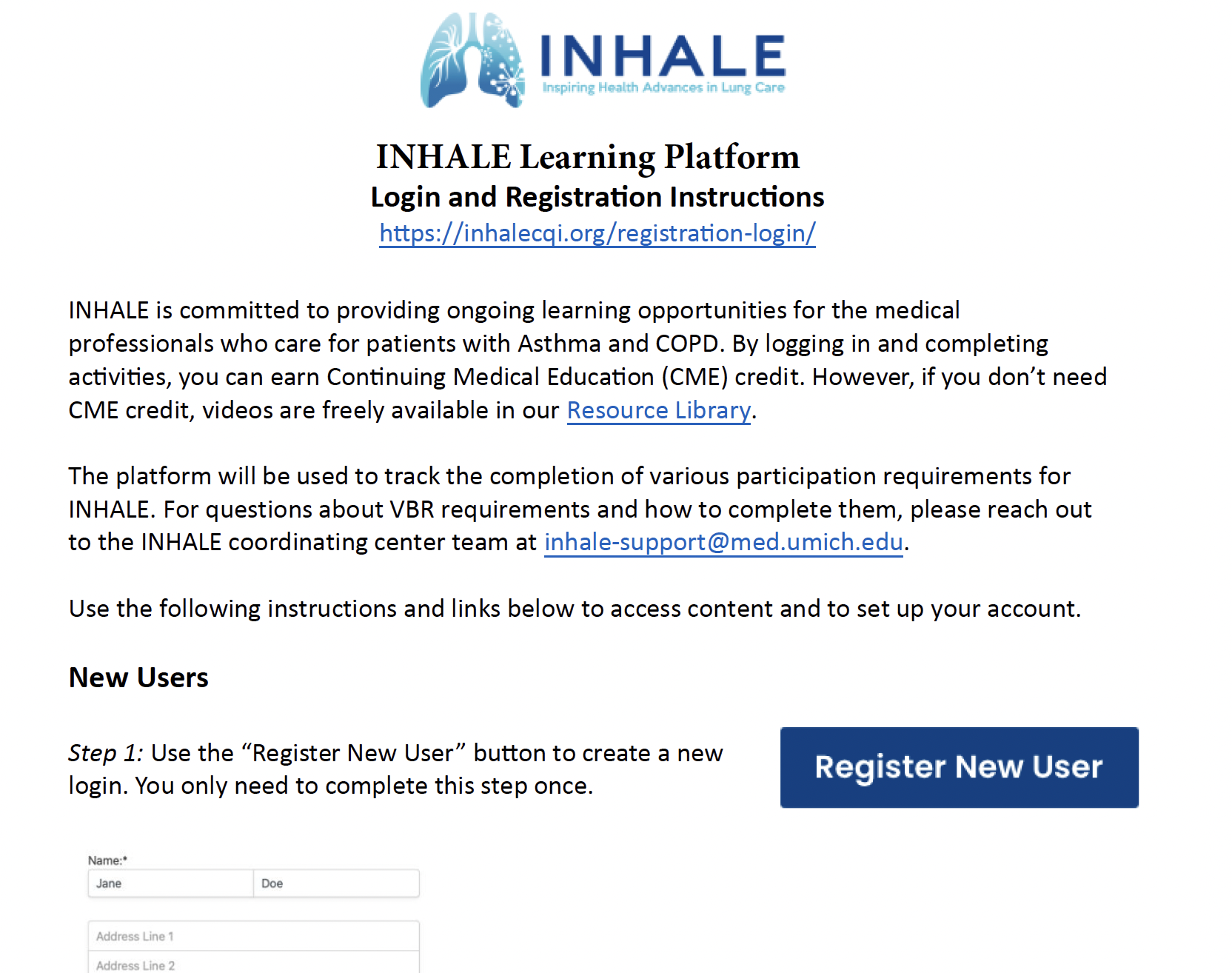 INHALE Learning Platform Login Instructions